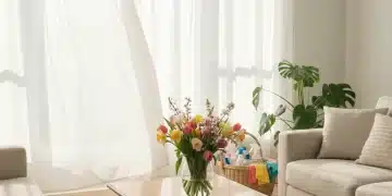 Bright, clean living room with spring flowers and cleaning supplies, ready for a deep clean.