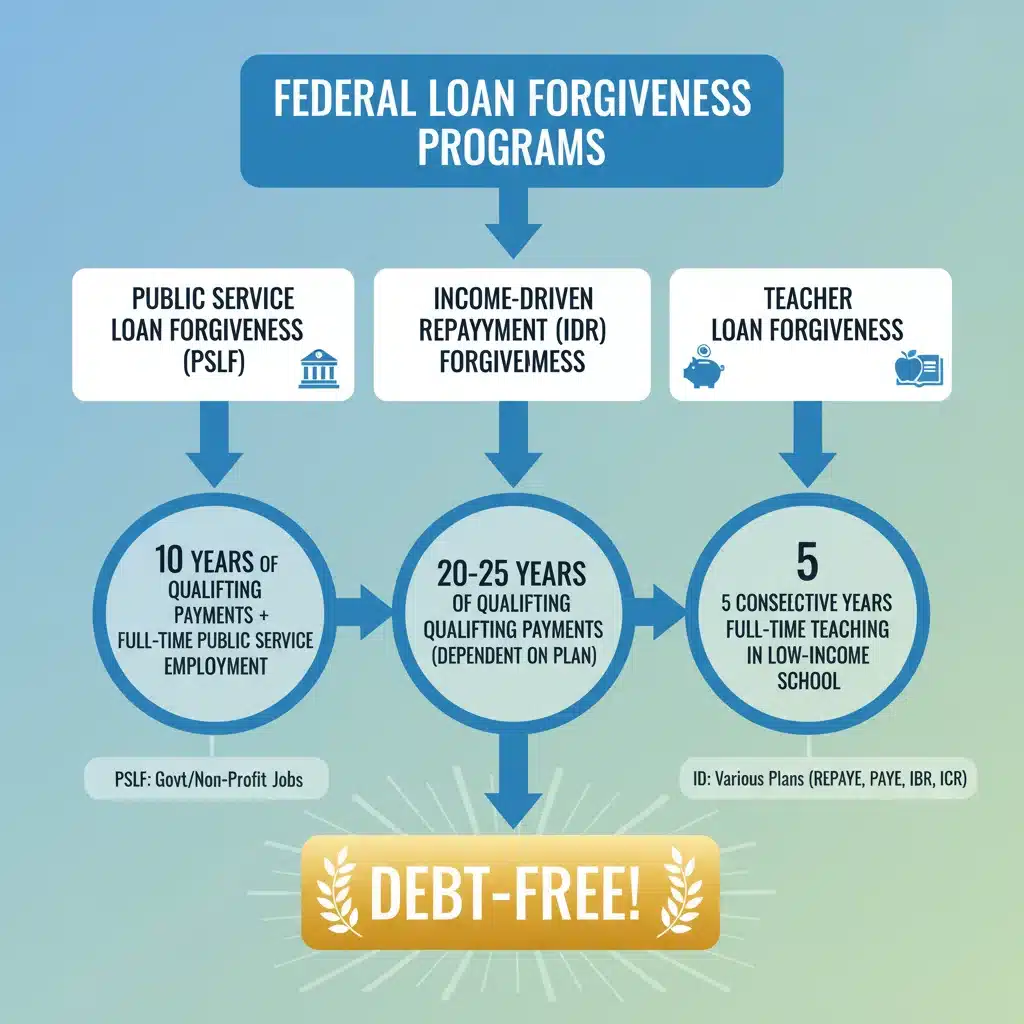 Infographic illustrating various federal student loan forgiveness pathways