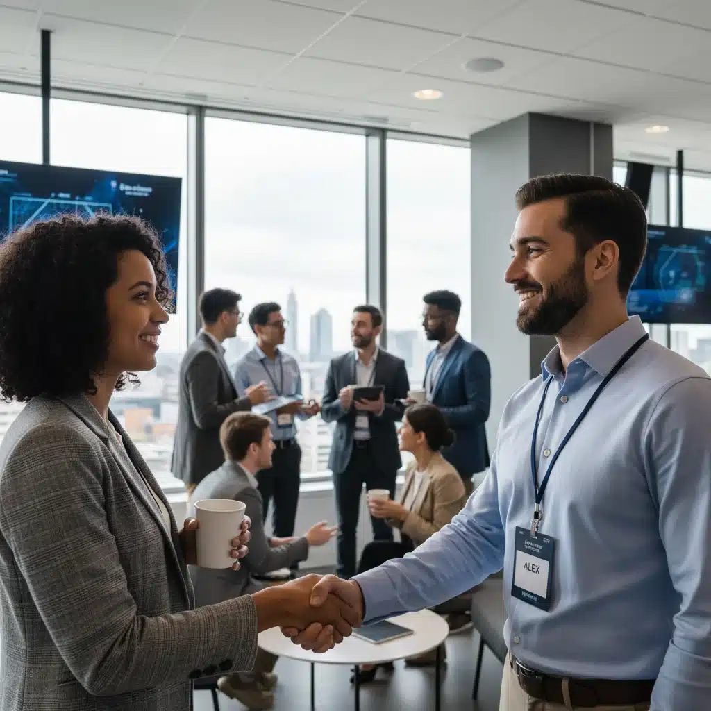 Successful networking interaction at a tech conference, with professionals shaking hands.