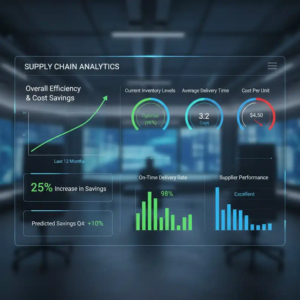 Supply chain performance dashboard showing cost reduction KPIs.