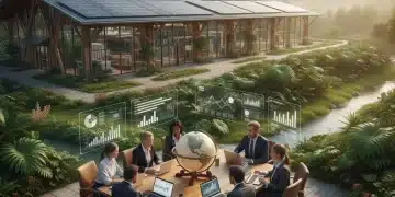 Sustainable Business Practices: A 2026 Implementation Guide Eco-friendly factory with solar panels and wind turbine, business professionals discussing sustainability goals.