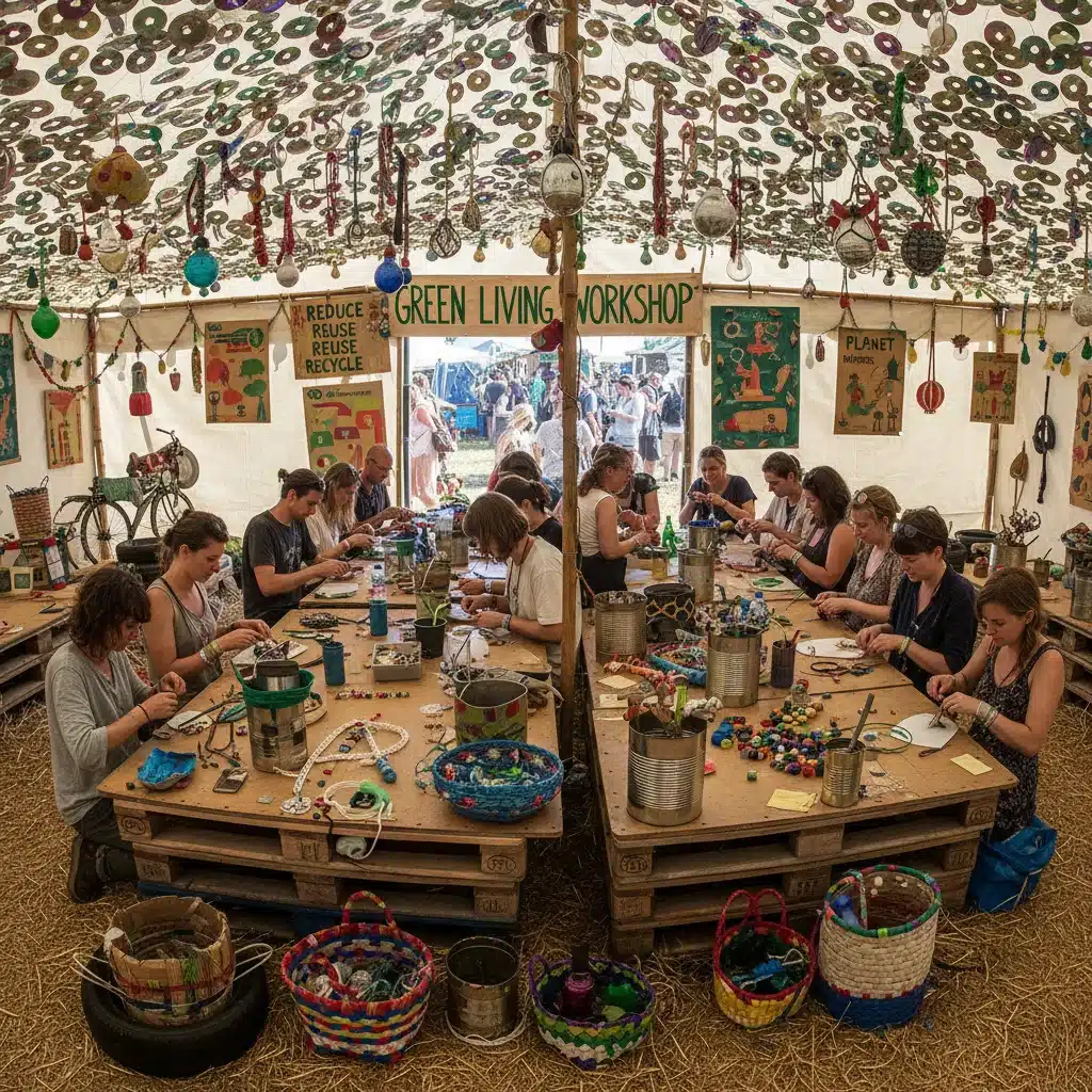 Festival attendees engaged in a sustainable living workshop, crafting with recycled materials.