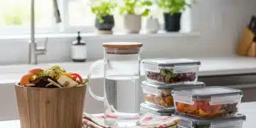 Eco-friendly kitchen with compost, reusable bags, and glass containers for waste reduction.