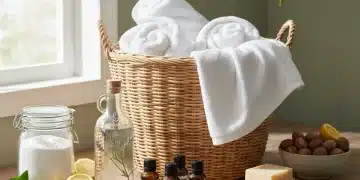 Eco-friendly laundry products and fresh towels, symbolizing sustainable cleaning.