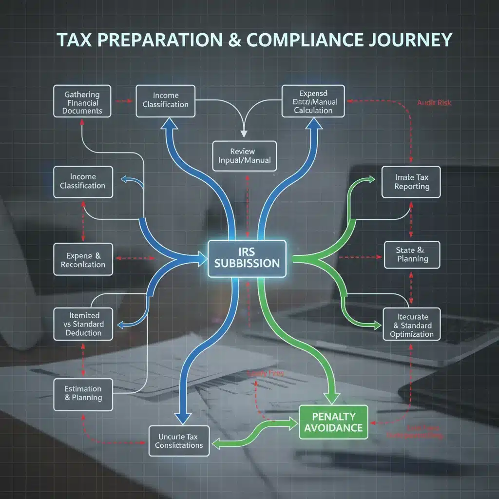 Flowchart illustrating tax preparation and compliance steps to avoid penalties