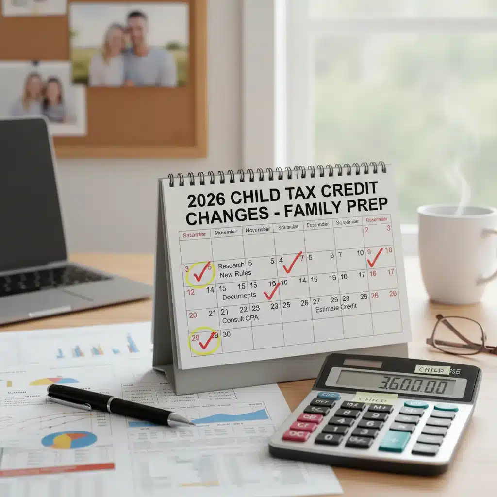 Calendar, pen, and calculator for tax planning and deadlines.