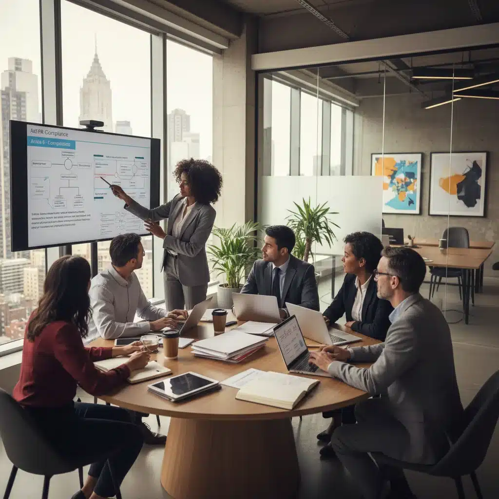 Business team collaborating on data privacy policies and compliance in a modern office.