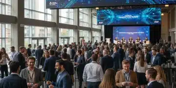 Professionals networking at a national tech conference, exchanging ideas and business cards.