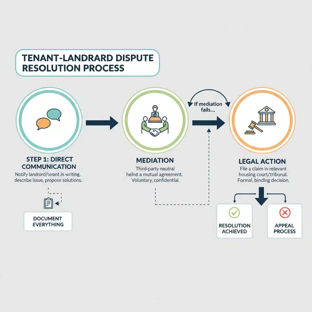 Infographic showing steps for resolving tenant-landlord disputes effectively.