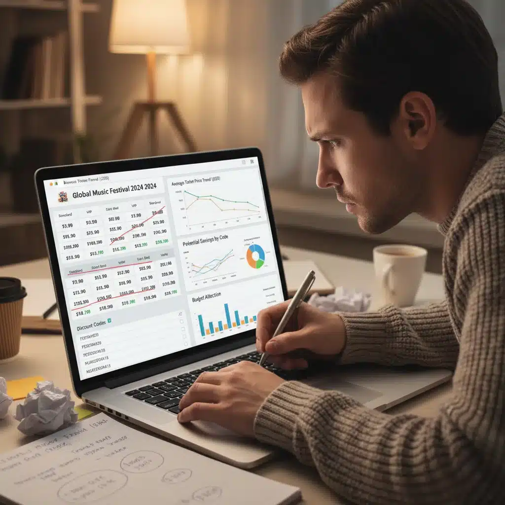 Person researching ticket prices and discount codes on a laptop for an event, illustrating the planning stage for exhibition attendance.