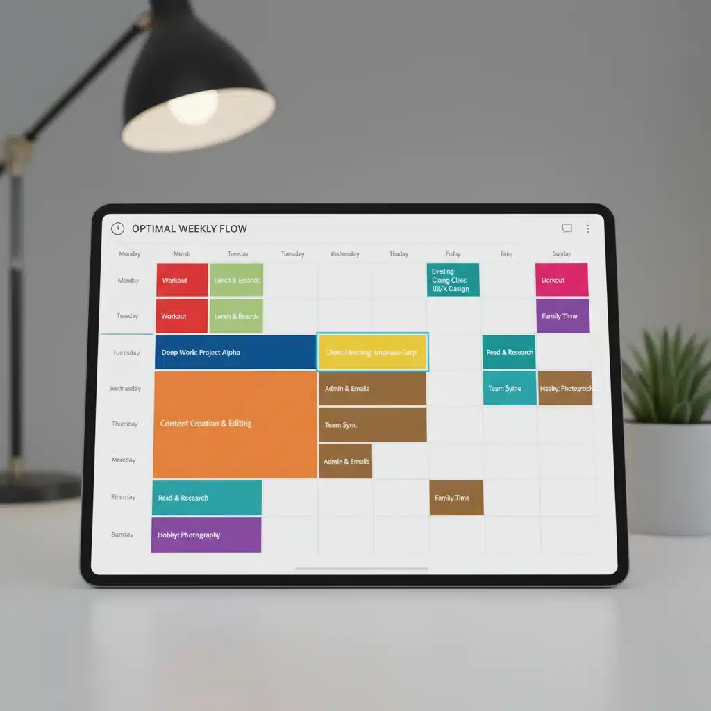 Digital calendar displaying color-coded time blocks for schedule organization