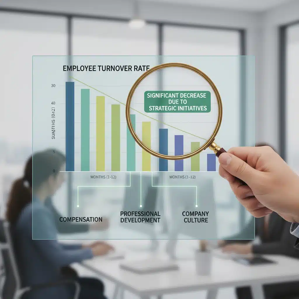 Analysis of decreasing employee turnover rates over a year, highlighting key contributing factors.