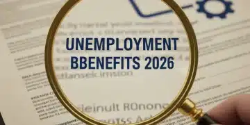 Unemployment Benefits 2026: Key Changes and How to Prepare Magnifying glass examining a document titled 'Unemployment Benefits 2026' with a calendar, symbolizing future policy changes.