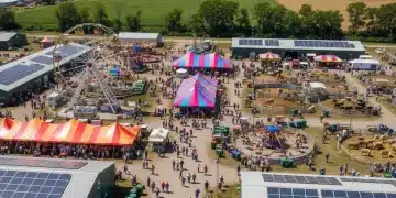 Aerial view of a vibrant U.S. agricultural fair in summer 2026 with sustainability features.