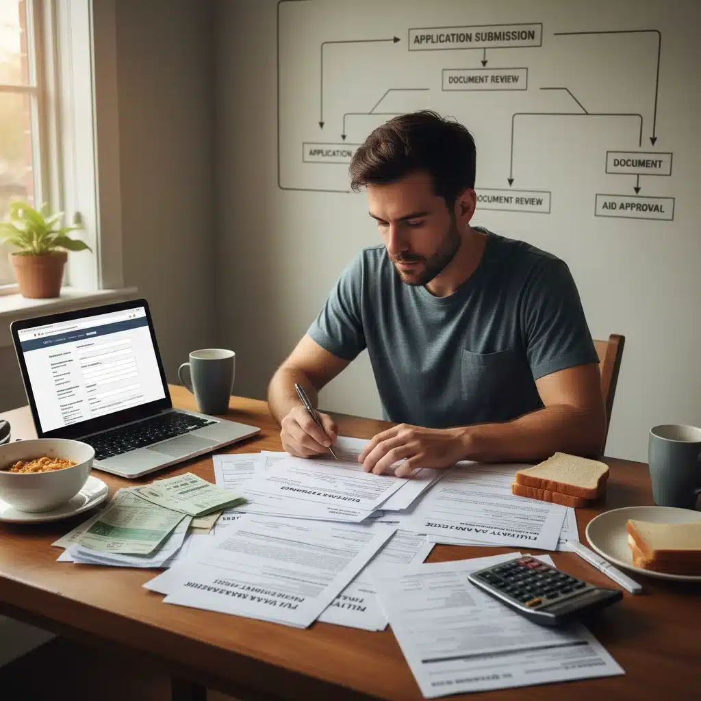 Person meticulously filling out federal utility assistance application forms