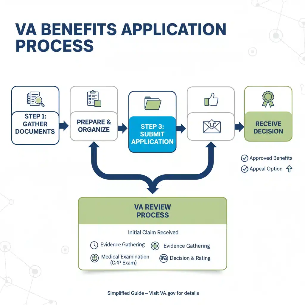 Infographic showing the step-by-step application process for VA benefits