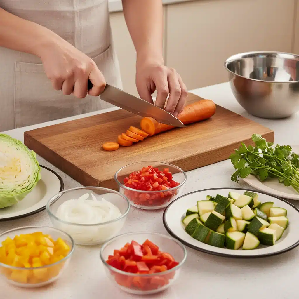 Hands efficiently chopping colorful vegetables for quick meal prep ingredients on a clean cutting board.