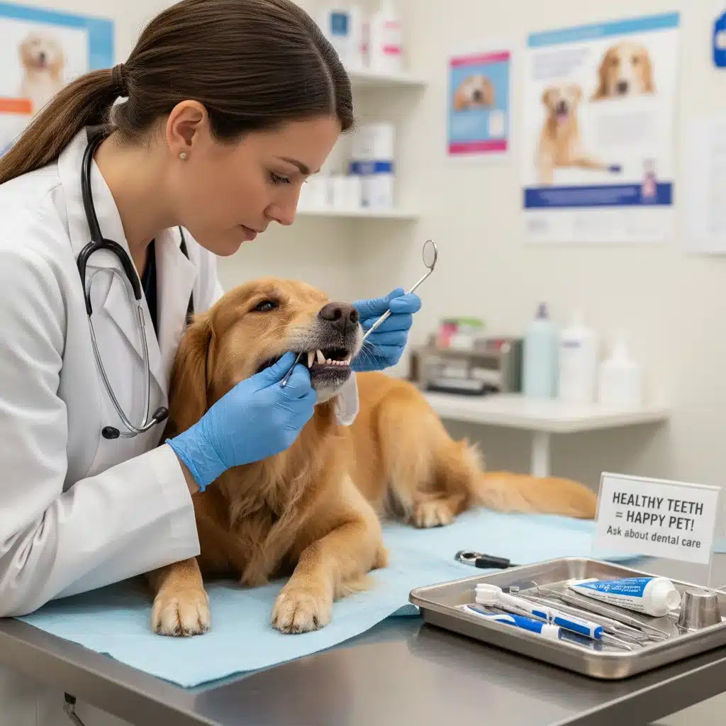 Veterinarian performing a dental check-up on a dog, highlighting preventative pet care