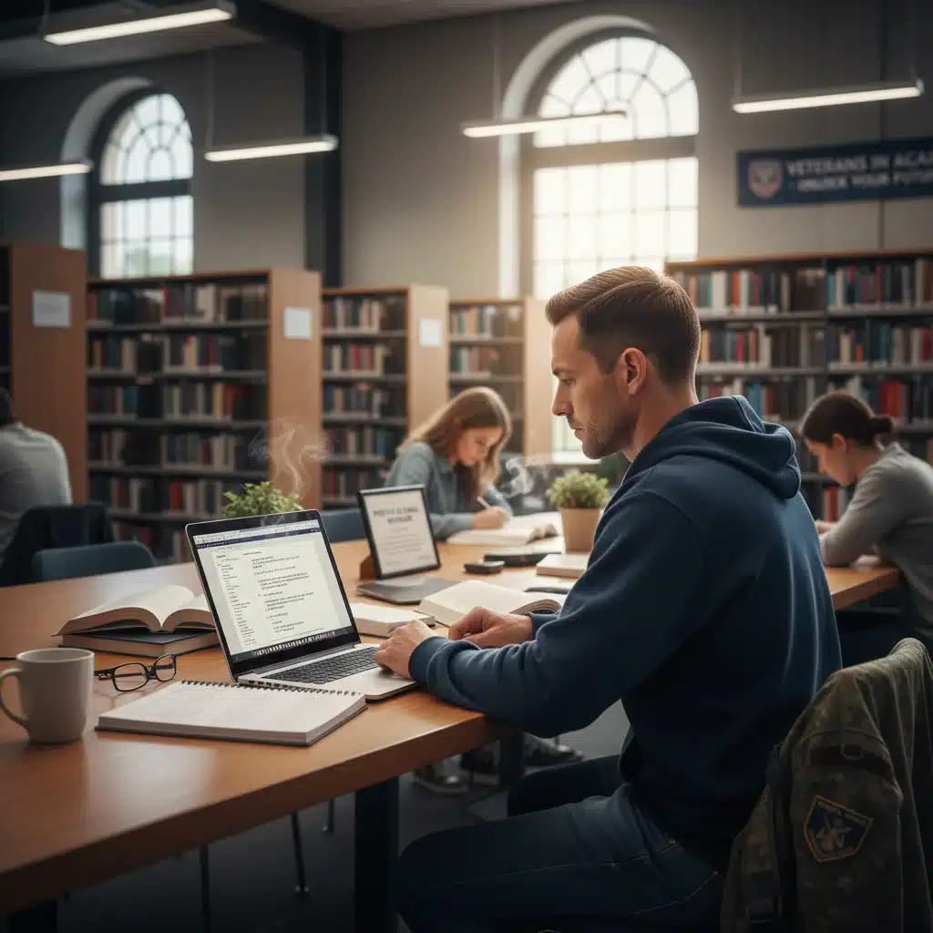 Veteran student studying in a university library, utilizing education benefits