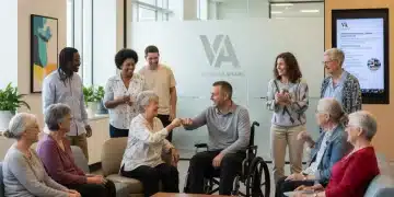 Veterans receiving support and guidance at a modern VA facility