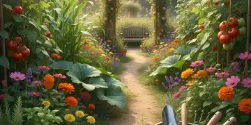 Vibrant home garden with healthy plants and gardening tools, perfect for beginners.