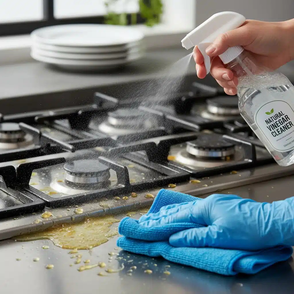 Vinegar solution being sprayed on a greasy kitchen surface for cleaning.