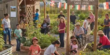 Grupo diversificado de voluntários trabalhando juntos em um jardim comunitário, simbolizando o engajamento e a colaboração em associações de bairro.