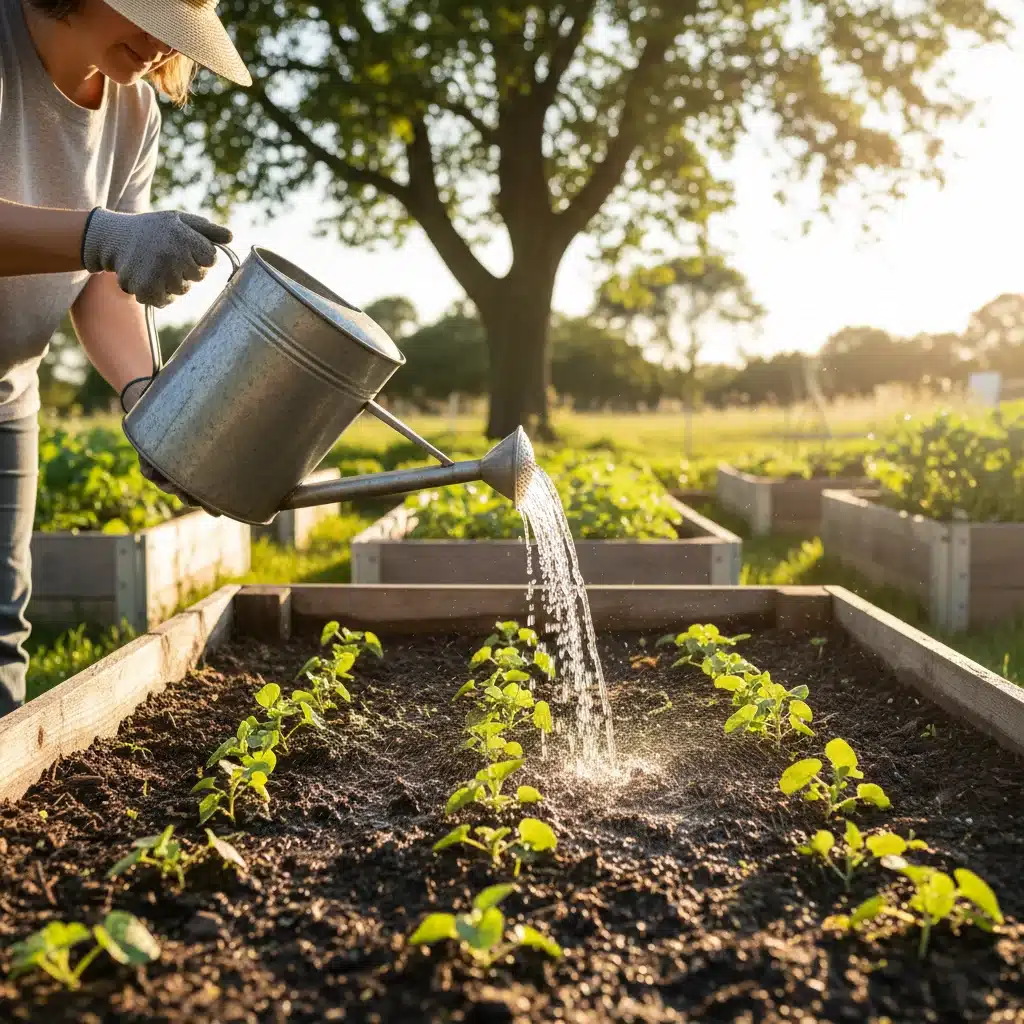 Person watering new seedlings in a raised garden bed.