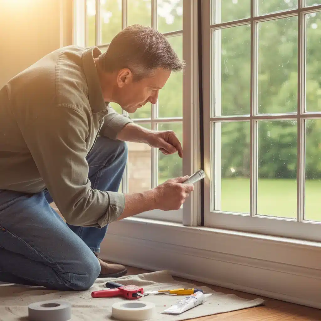 Homeowner checking window weatherstripping for drafts and energy leaks