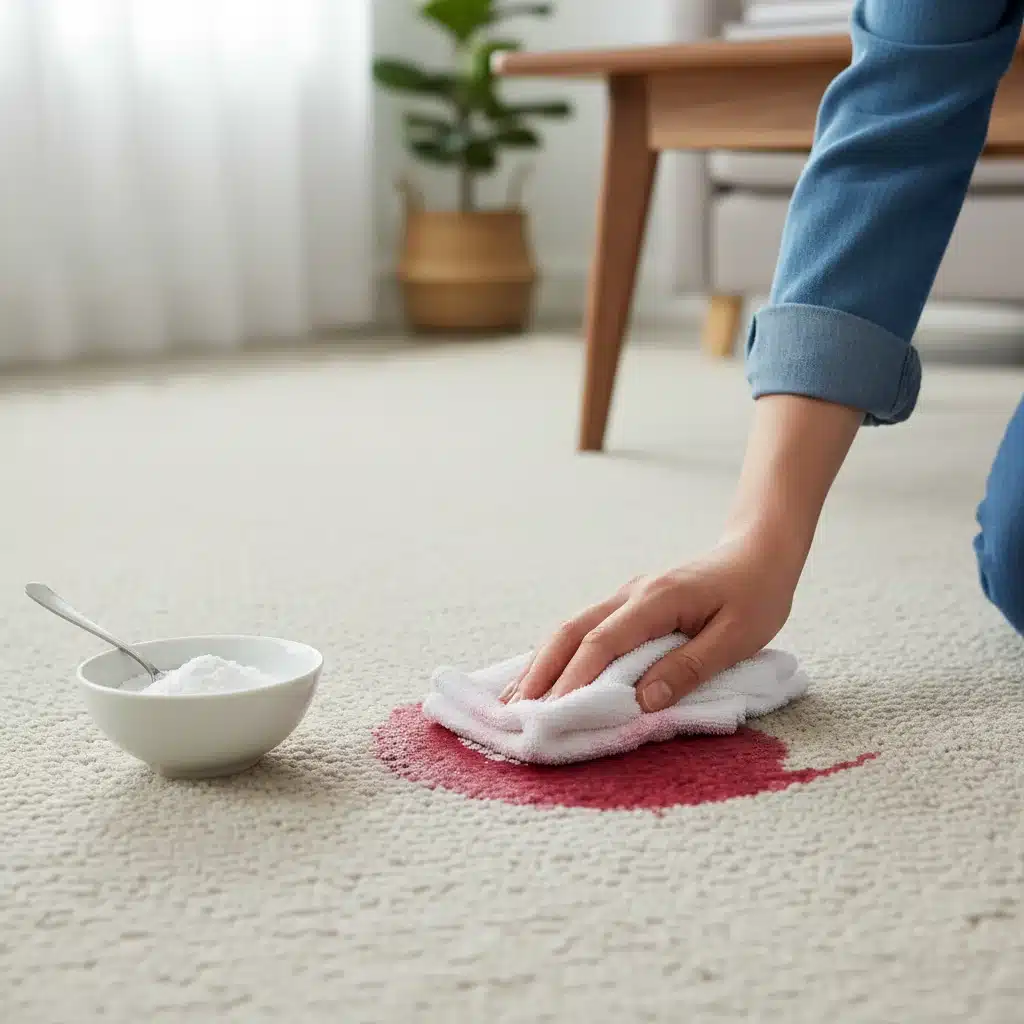Person dabbing red wine stain with baking soda on carpet.