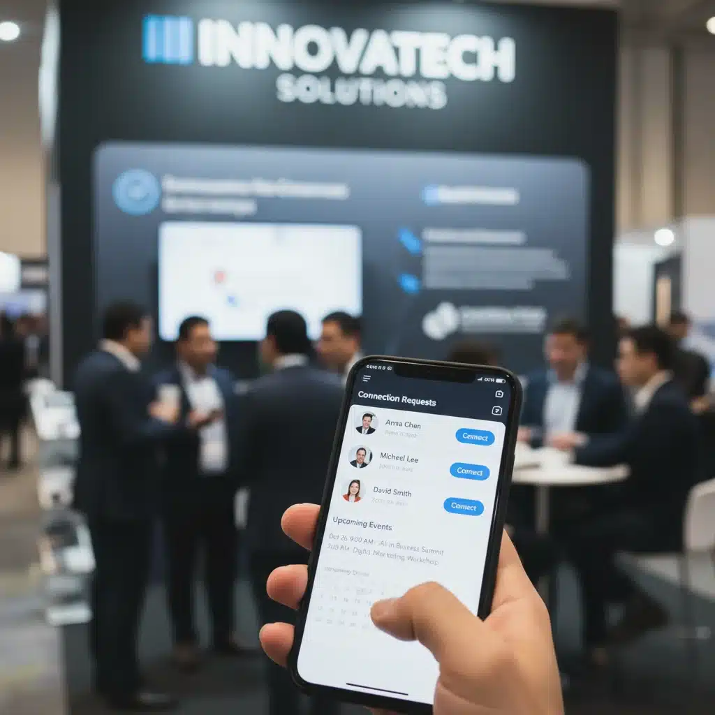 Digital networking on a smartphone at a tech conference, showing connections.