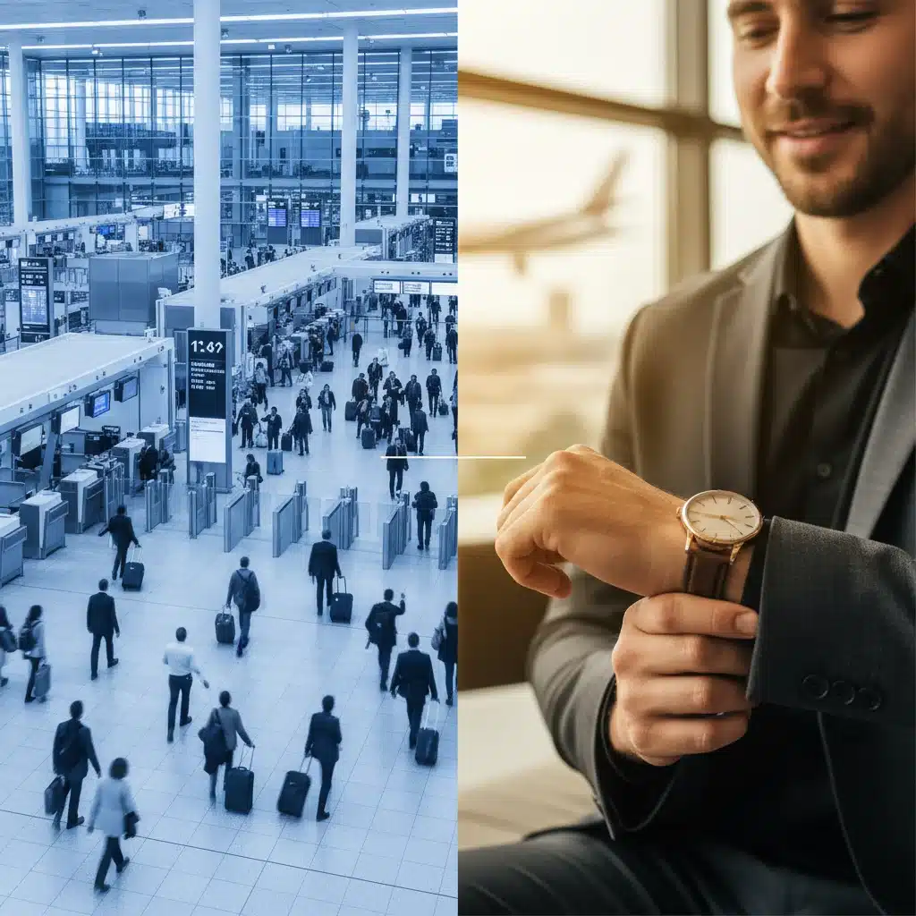 Efficient airport travel and a person saving time with a well-planned U.S. event itinerary.