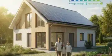 Family in front of energy-efficient home with solar panels