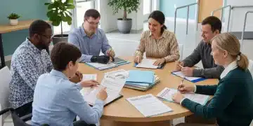 Group discussing federal disability benefits application forms with a social worker.