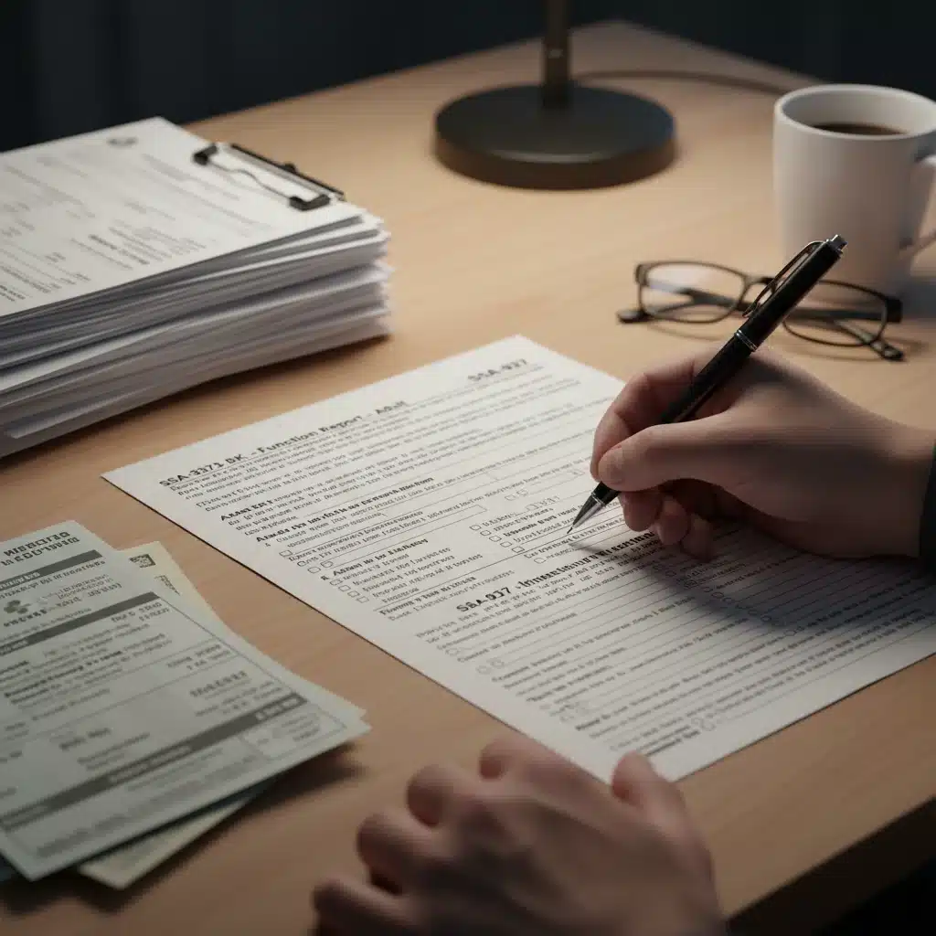 Hand filling out federal disability application form with medical records.
