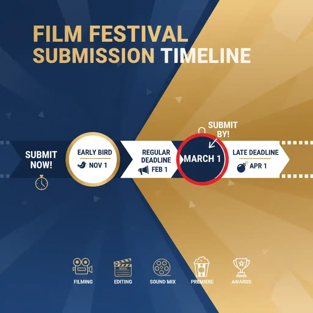 Film festival submission timeline graphic emphasizing March 1st deadline