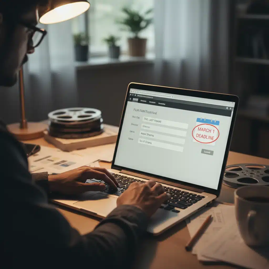Filmmaker completing online film festival submission form with deadline visible