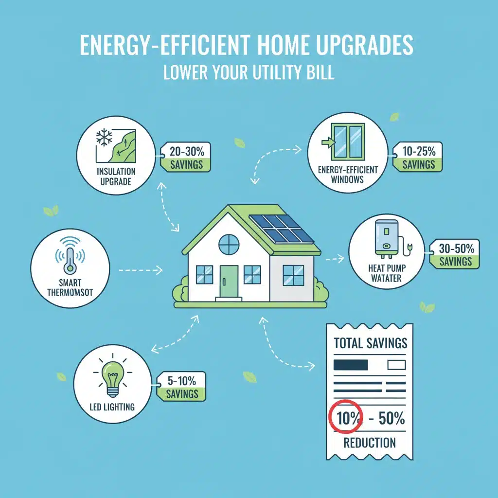 Infographic showing home energy efficiency upgrades and savings