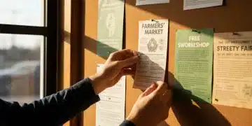 A person's hands pinning a flyer onto a crowded community bulletin board, covered with diverse local event announcements like farmers' markets and workshops, in a warmly lit coffee shop.