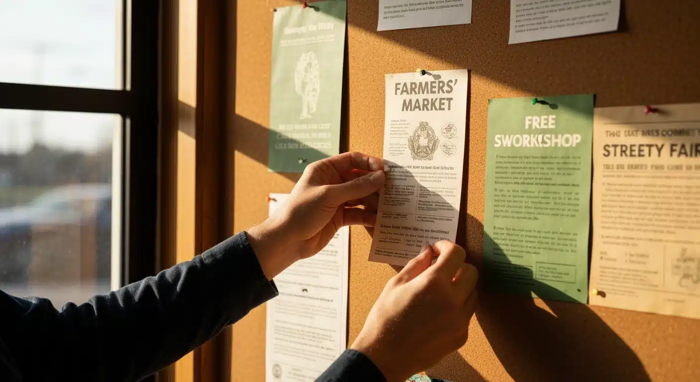 A person's hands pinning a flyer onto a crowded community bulletin board, covered with diverse local event announcements like farmers' markets and workshops, in a warmly lit coffee shop.
