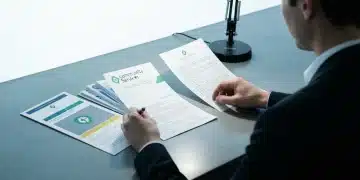 An overhead shot of hands organizing community service brochures and documents on a concrete desk, under focused task lighting, representing navigation of resident resources.