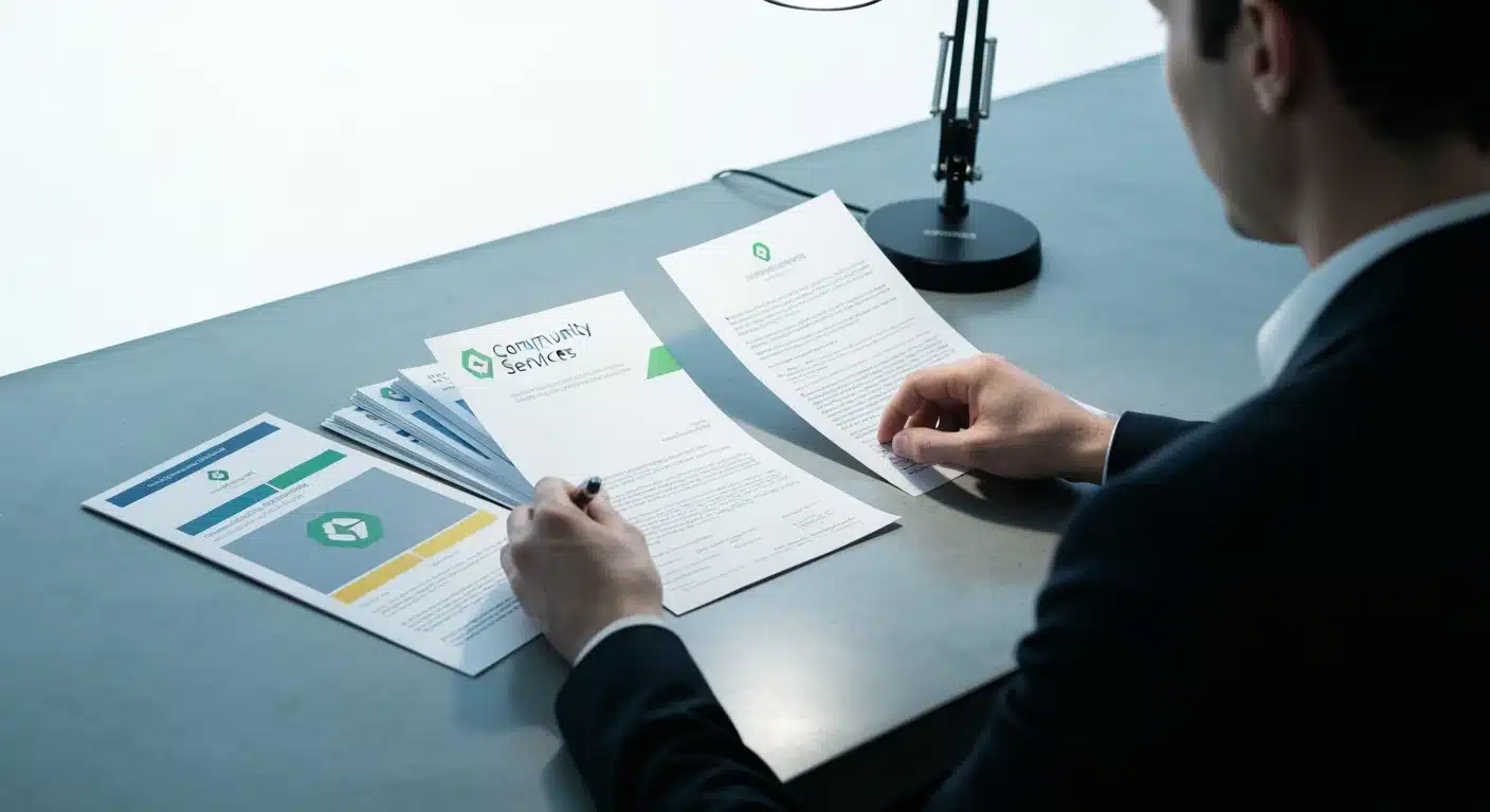 An overhead shot of hands organizing community service brochures and documents on a concrete desk, under focused task lighting, representing navigation of resident resources.