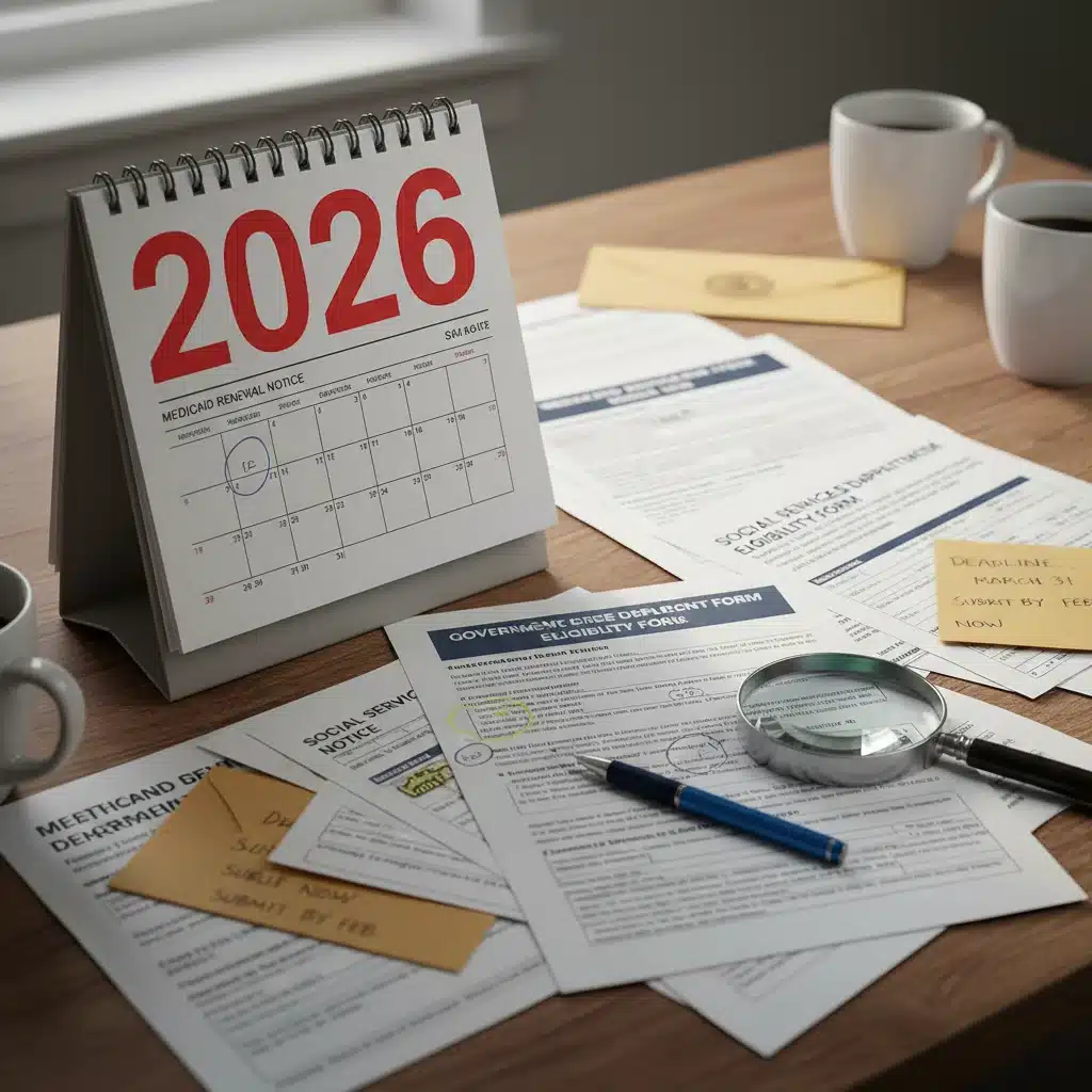 Calendar marking 2026 with Medicaid re-enrollment forms and documents.