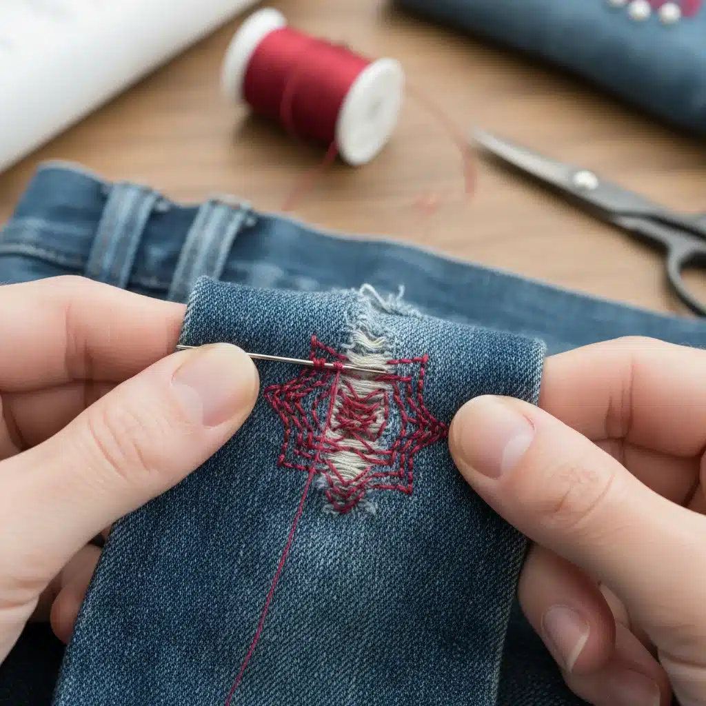 Hands mending a tear in denim fabric with needle and thread