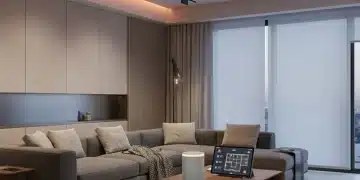 Modern living room with integrated smart home devices like a smart speaker and tablet