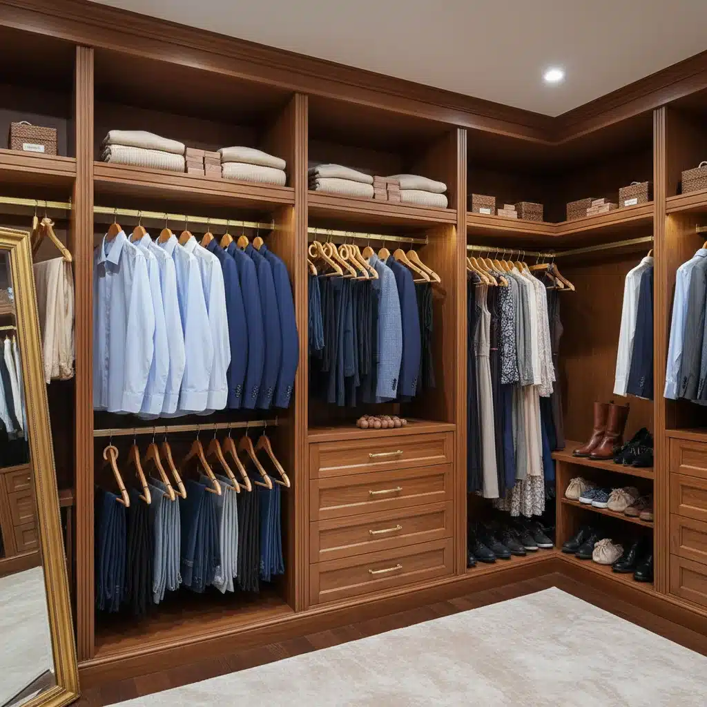 Organized closet with hung and folded clothes, cedar blocks