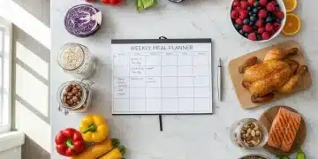 Organized kitchen counter with fresh ingredients and a meal planner for weekly meal preparation.