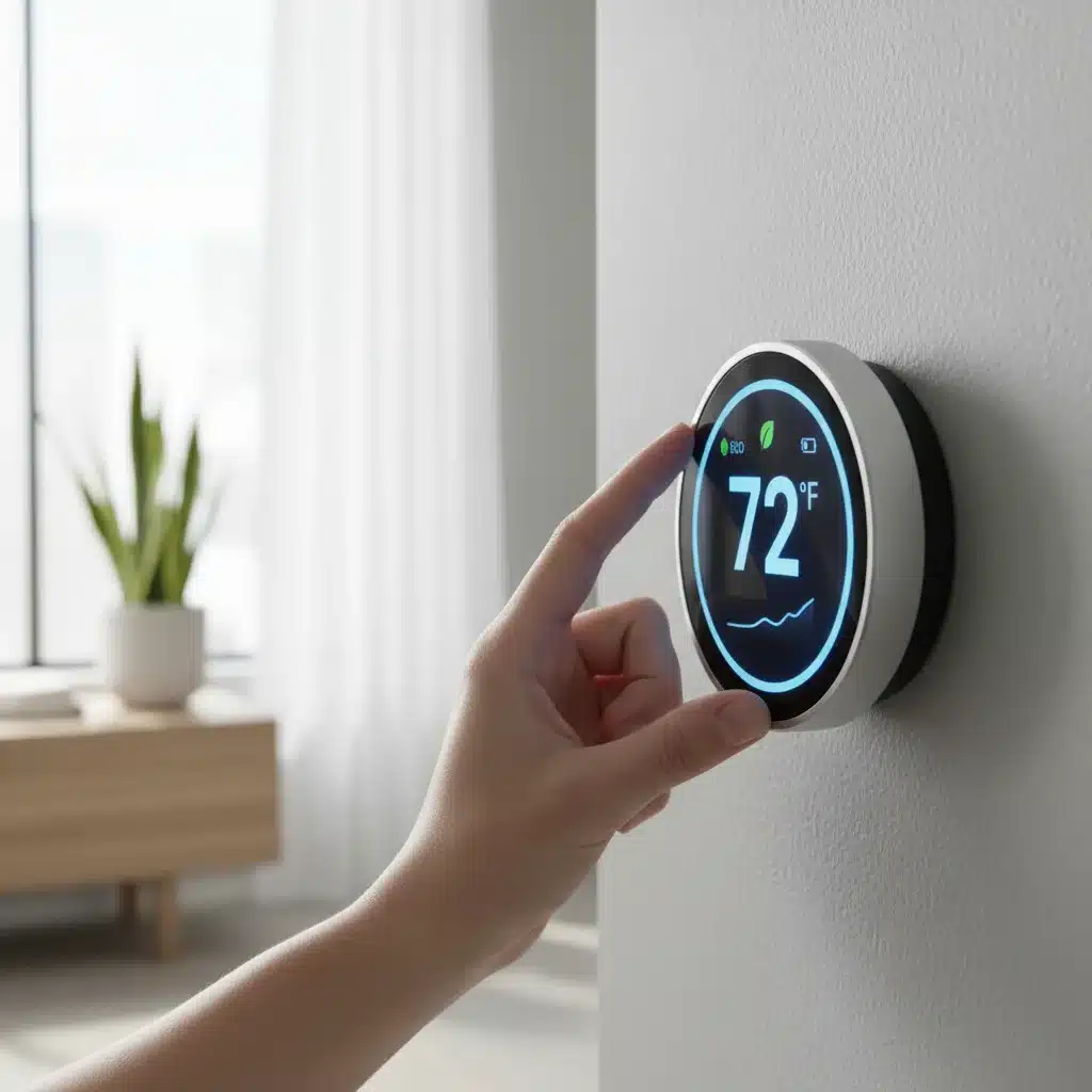 Hand adjusting a smart thermostat for energy efficiency and comfort