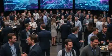 Professionals networking at a vibrant tech conference, discussing future innovations.
