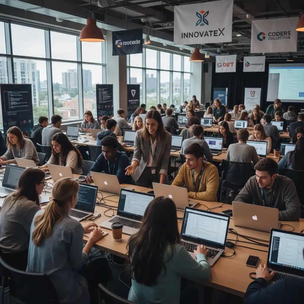 Students and tech enthusiasts collaborating in a hands-on workshop at a conference.